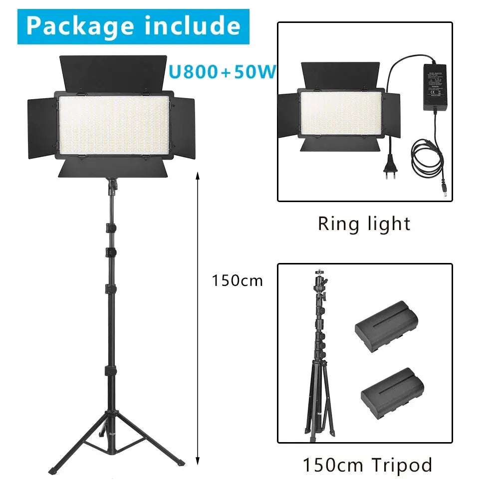 U800 LED panel light with barn doors, 150cm adjustable tripod stand, power adapter, and two rechargeable batteries.