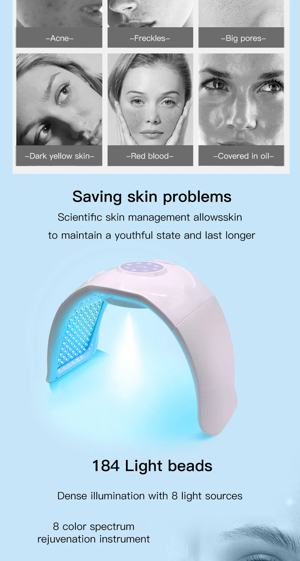 White 8-color PDT LED light therapy mask for home facial skin rejuvenation, whitening, and acne treatment.