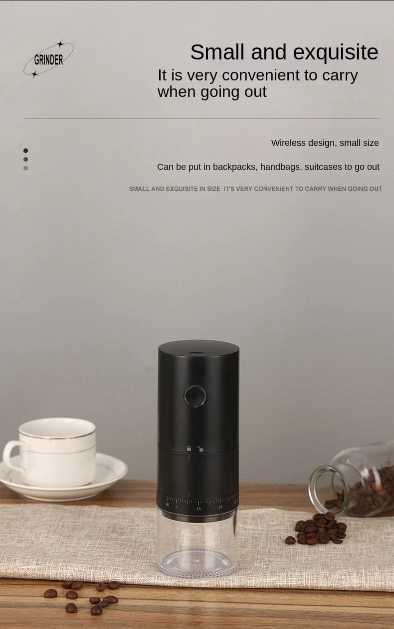 Portable black wireless coffee grinder with a clear base, compact design for travel, and coffee bean container.