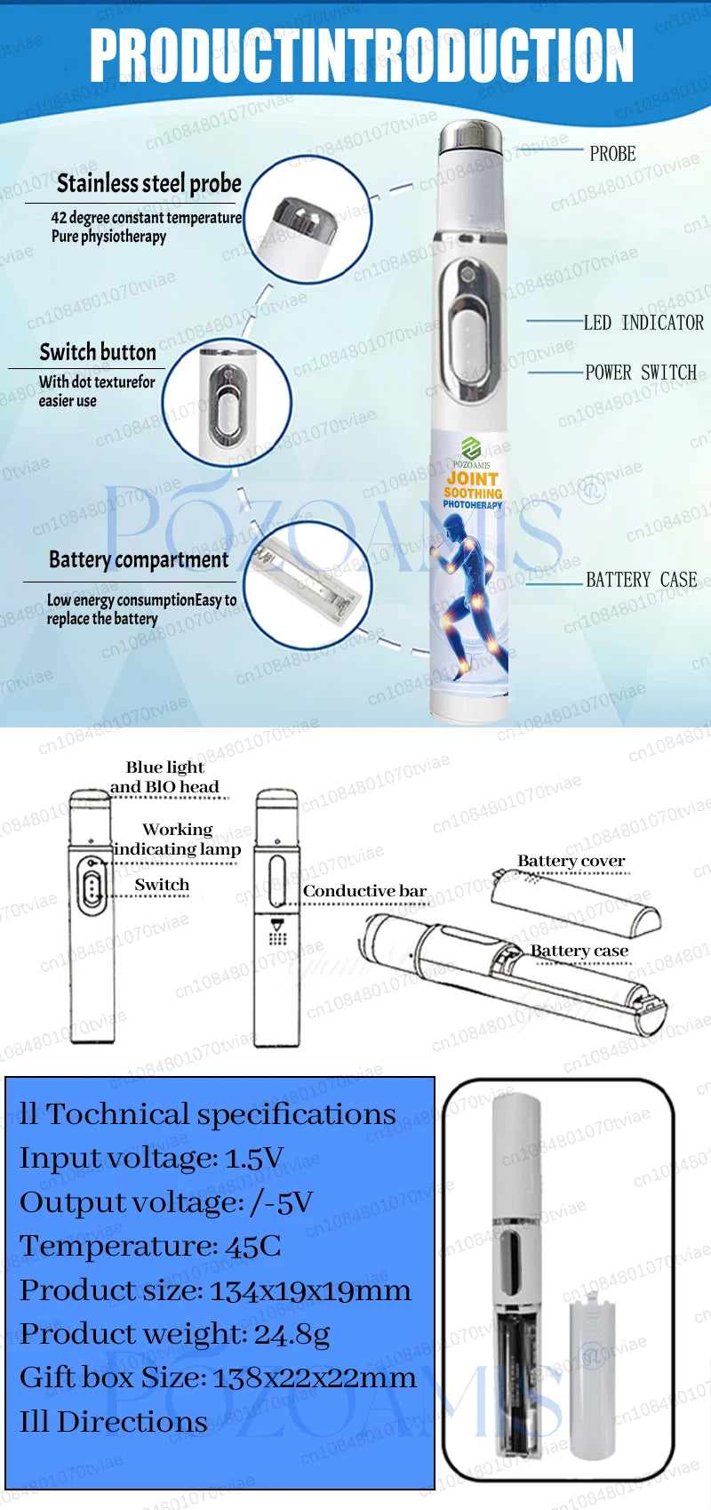 Cylindrical white joint soothing phototherapy pen with a stainless steel probe, LED indicator, and battery compartment.