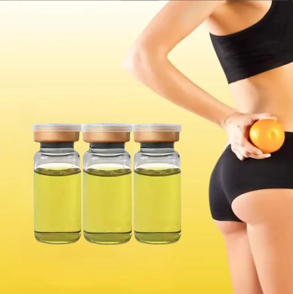 Three 10ml lemon lipolytic ampoule serum vials for face and body slimming and skincare on a yellow background.