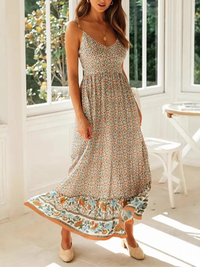 Happie Queens Women Fashion Strapless Bohemian Maxi Dress Lady Summer Vacation Beach Boho Dress Robe