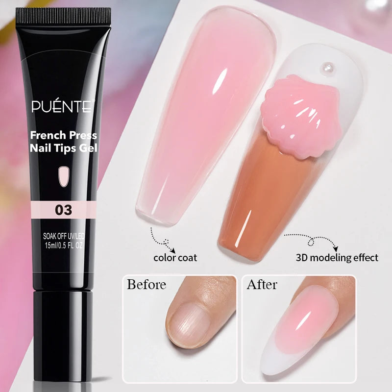 15ml tube of French press nail tips gel for creating sheer pink color coats and 3D textured nail art designs.