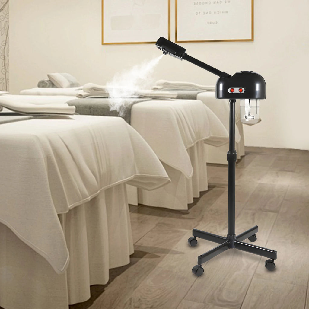 Black 800W facial steamer with adjustable stand, rolling base, and 750ml water tank for salon spa pore cleaning.