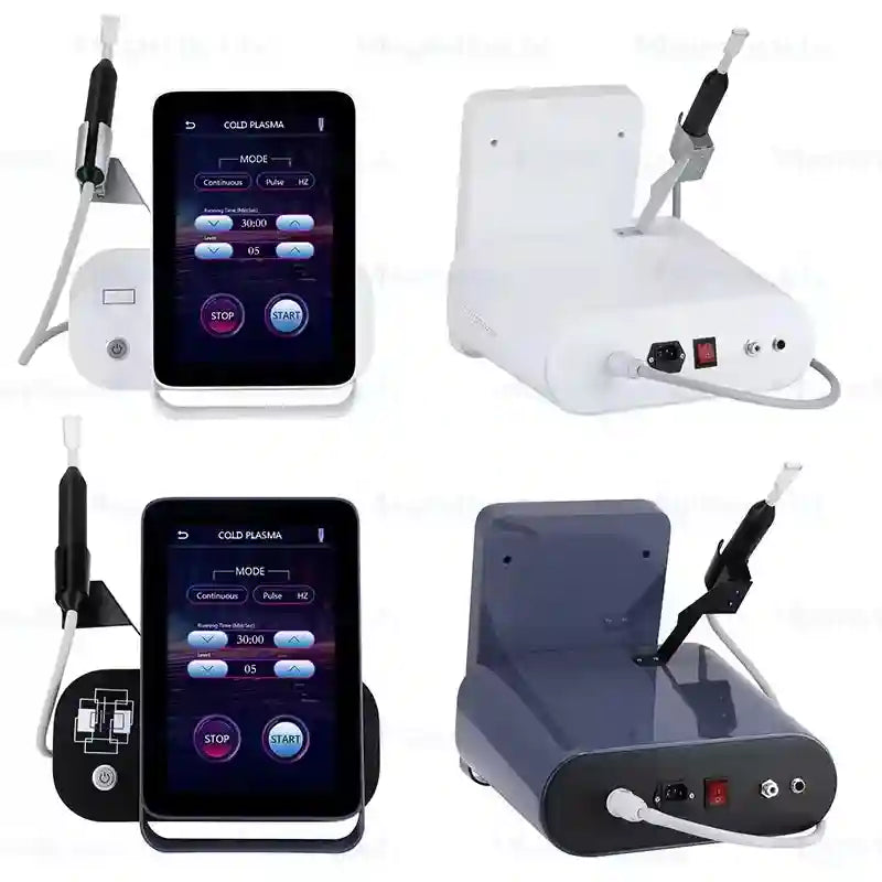 6-in-1 cold plasma beauty device with touchscreen, probe, and controls for skin cleaning and anti-phlogosis treatment.