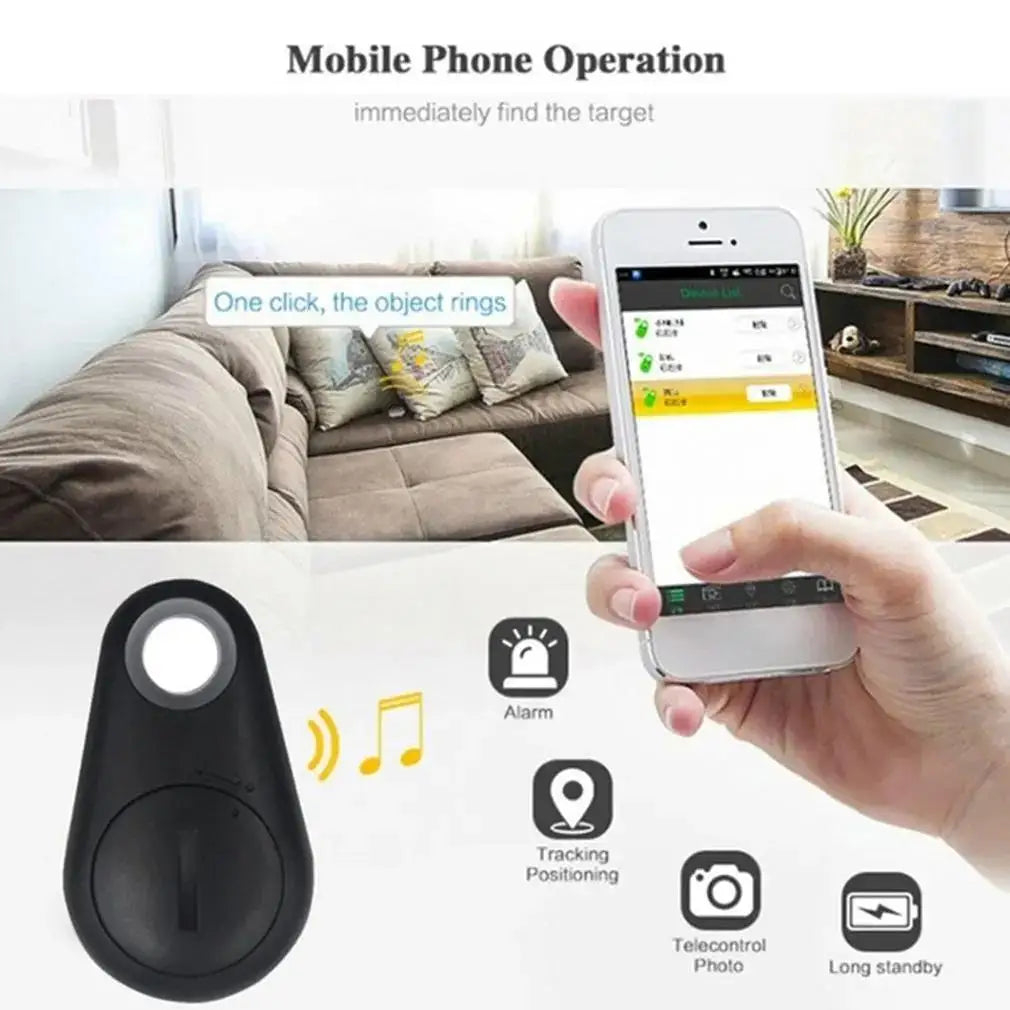 Mini black Bluetooth pet GPS tracker for smart app location, anti-lost alarm, and easy tracking for dogs or cats.
