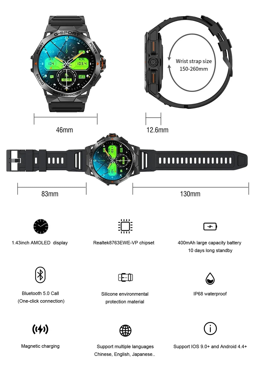 1.43inch AMOLED Screen Smartwatch Men Outdoor Sports Fitness 400mAh Large Battery Bluetooth Call Music Heart Rate Smart Bracelet