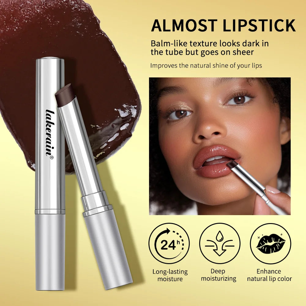 Lakerain black honey tinted lip balm with nourishing, sheer, moisturizing texture for a glossy, long-lasting finish.