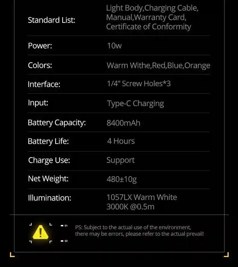 Technical specification chart for a 10W rechargeable LED light with multiple color modes and 1/4-inch screw mounts.