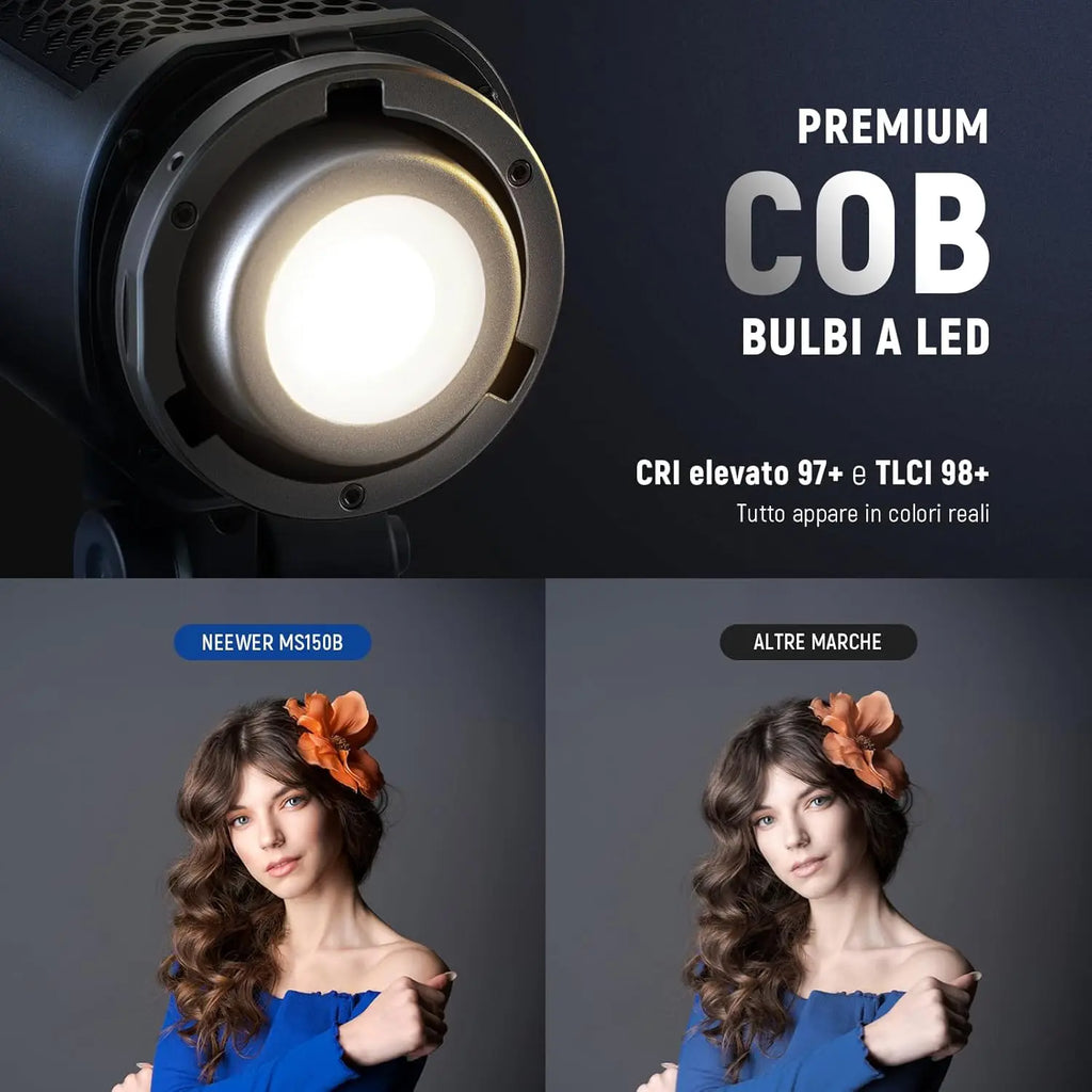 Black COB LED studio light with a bright circular lens, used for accurate color photography and video lighting.