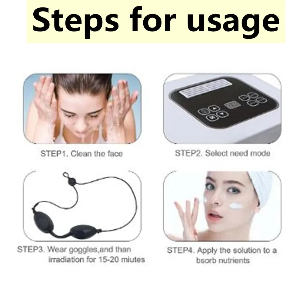 4-step usage guide for 7-color LED facial mask, showing cleansing, mode selection, goggles, and serum application.