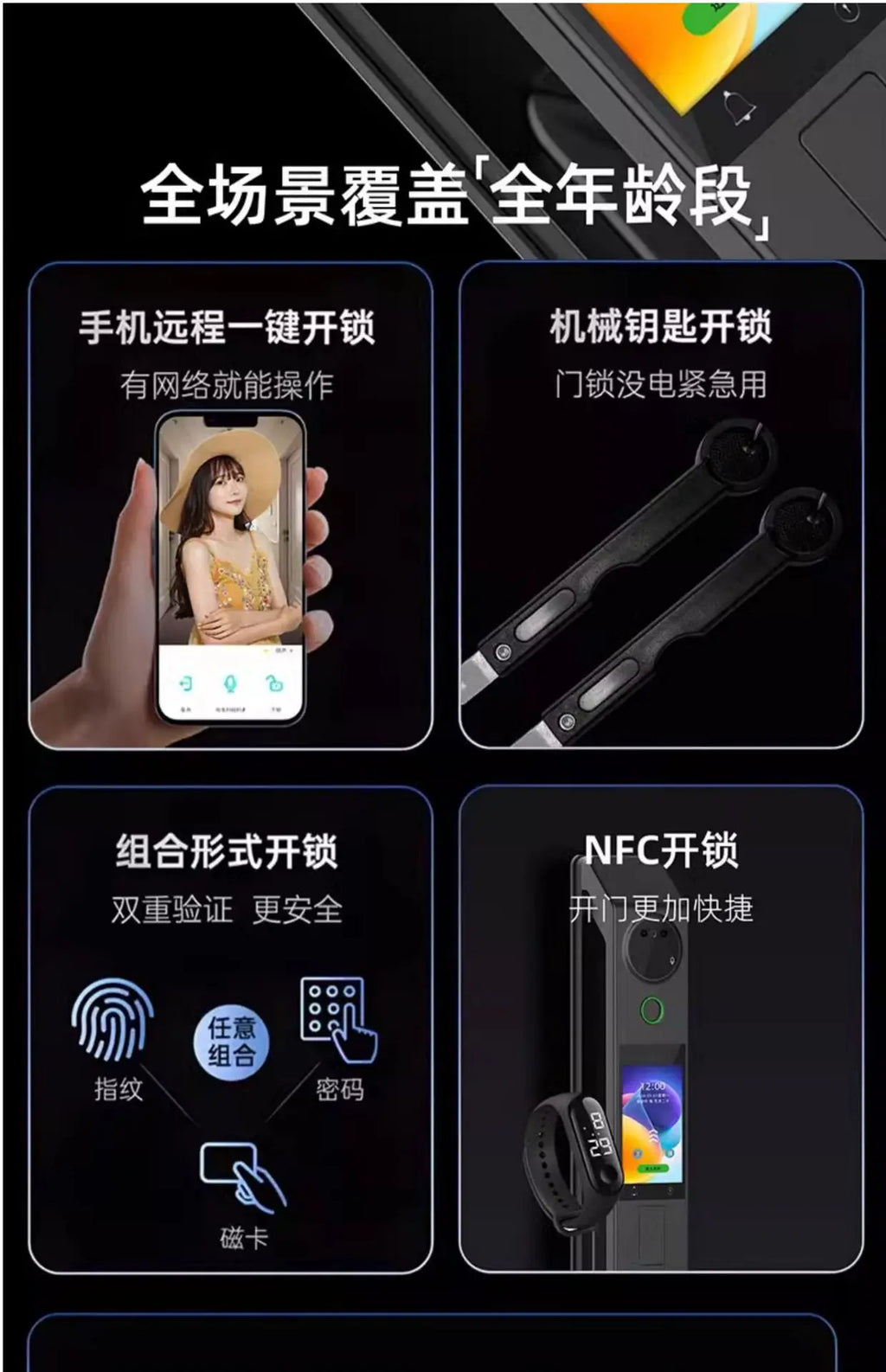 Fully automatic 3D visual facial recognition fingerprint, dual screen dual camera, home smart password lock