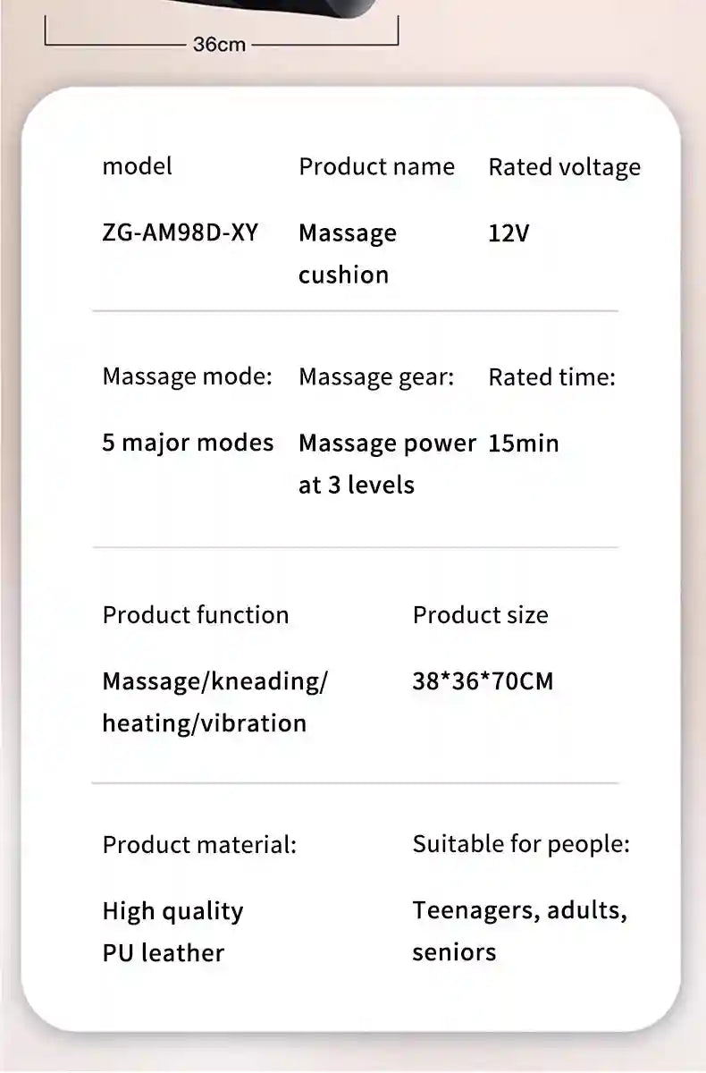 Technical specifications table for a PU leather shiatsu massage cushion, listing functions, dimensions, and settings.