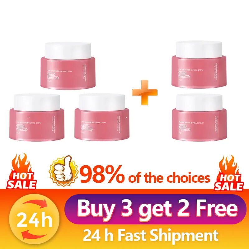 Five round, pink jars of Korean Collagen PDRN Capsule Cream with white lids, arranged with "Buy 3 Get 2 Free" text.