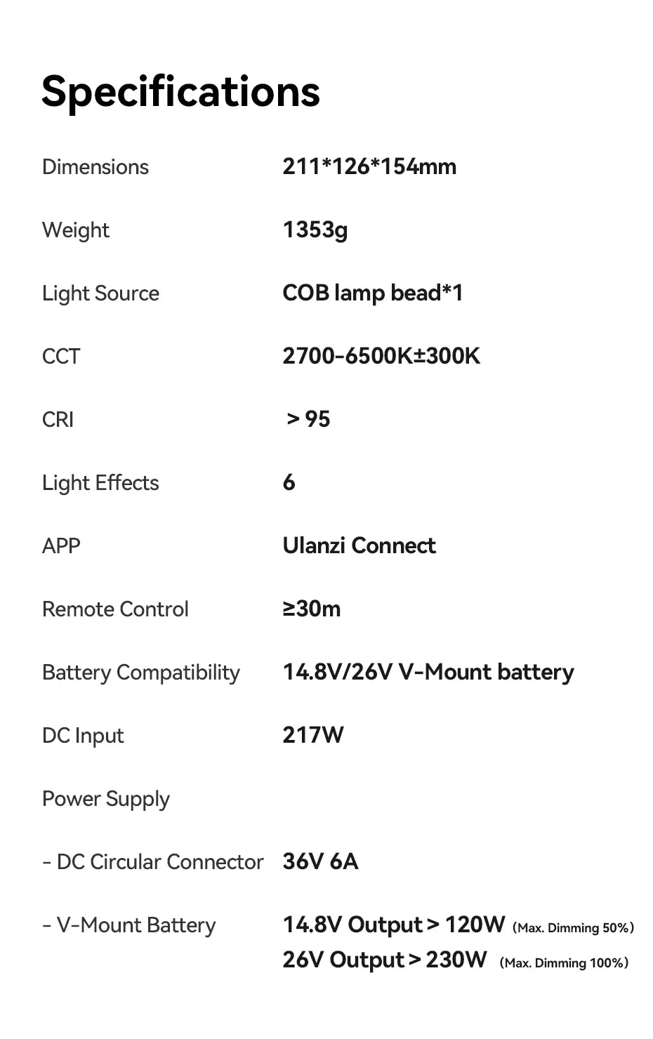 Technical specification list for a 217W COB LED video light, highlighting dimensions, battery compatibility, and power.