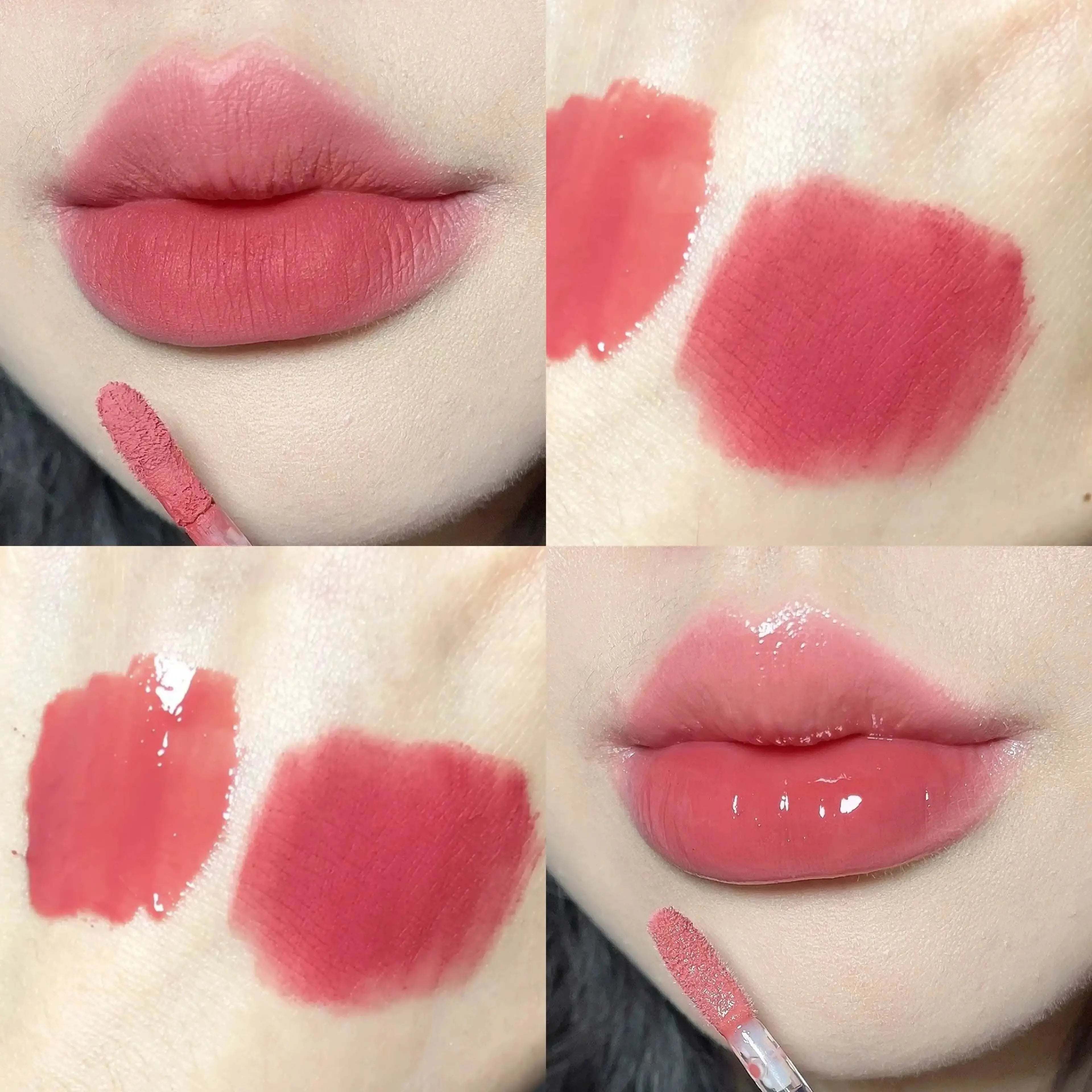 CACE double-head lip glaze: matte lip mud and glossy water mirror red lipstick swatches on lips and skin.