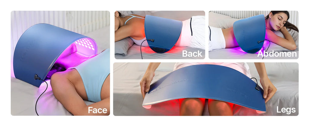 A blue, curved LED therapy panel emitting red and infrared light, shown in use on the face, back, abdomen, and legs.