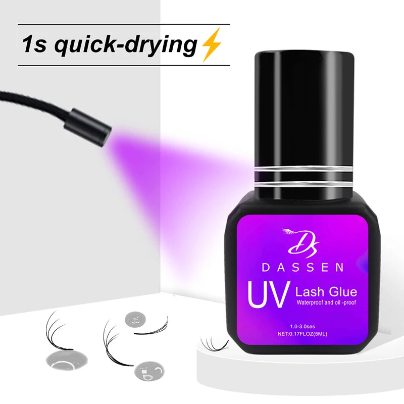 Dassen 5ml fast-drying UV eyelash extension glue bottle with purple label and UV light applicator for professional use.