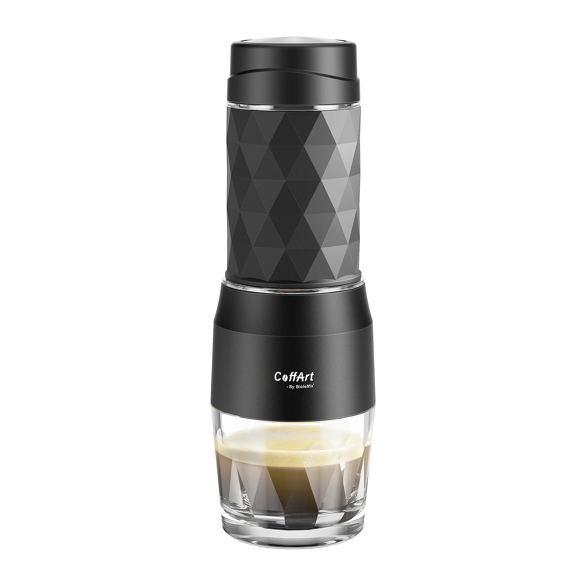 BioloMix CoffArt portable black plastic and glass manual espresso maker with geometric textured design.
