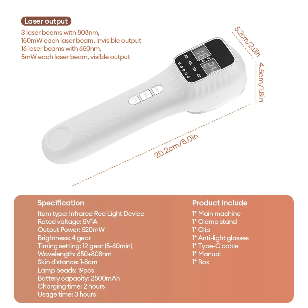 White handheld red light therapy device with a digital display, buttons, and dimensions labeled on a light background.