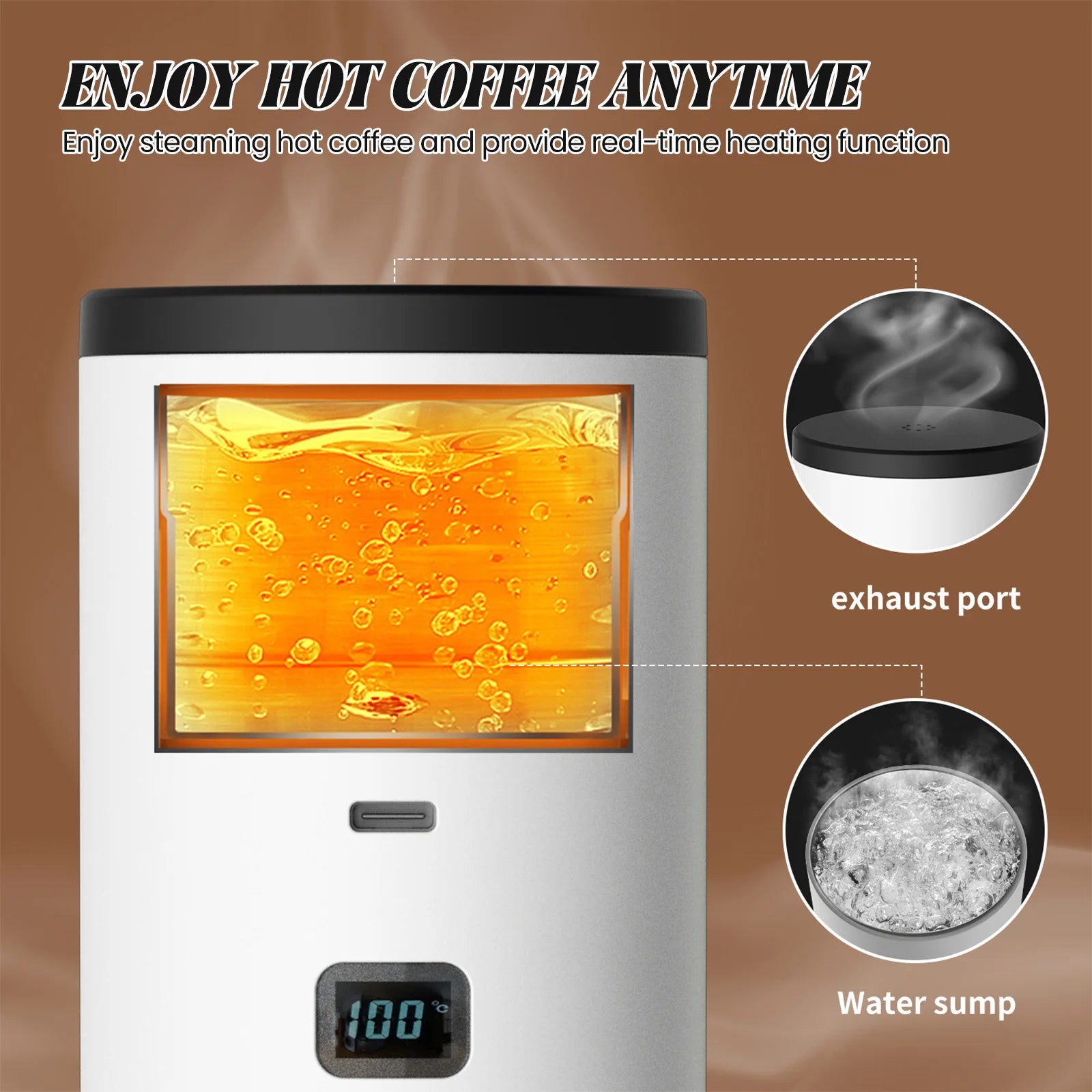 White portable coffee warmer with digital temperature display, water sump, and steam exhaust port.