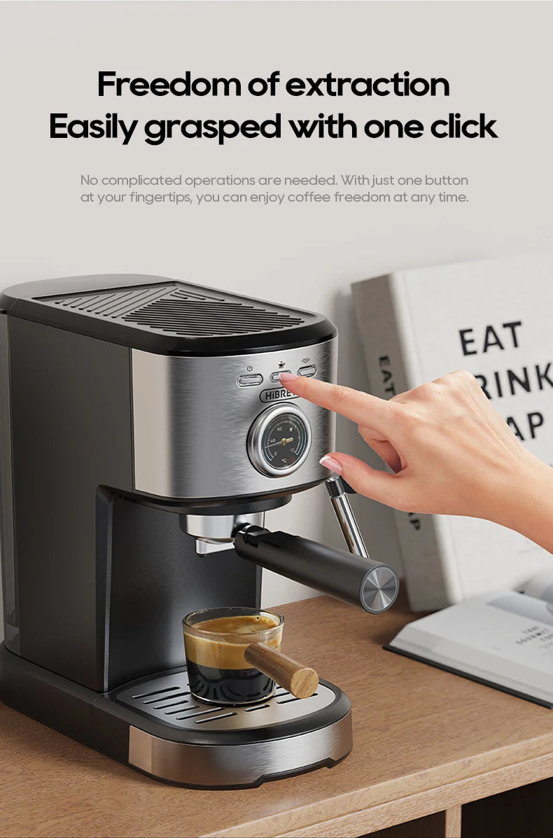 HiBREW stainless steel and black espresso machine with front pressure gauge, operated by a finger press.