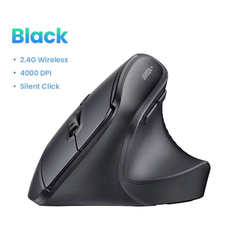 UGREEN Vertical Wireless Mouse 2.4G Ergonomic 4000DPI 6 Mute Buttons for MacBook Tablet Laptops Computer PC Mice Black Pink