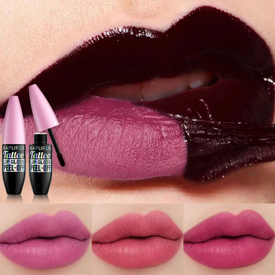 Long-lasting peel-off liquid lipstick showing dark berry and pink matte lip stains for a transfer-proof makeup finish.