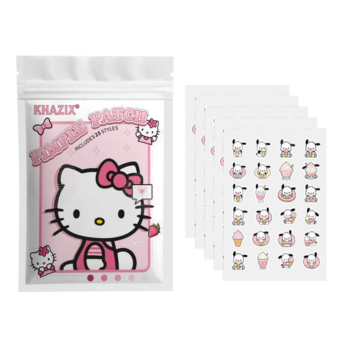 Hello Kitty hydrogel acne patch pouch with pink cat bow graphic and patterned border
