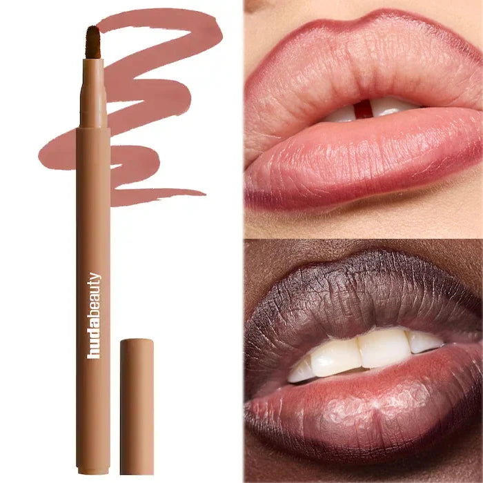 Huda Beauty hydrating lip contour pen for natural matte lip and cheek color, showing creamy pigment and lip swatches.