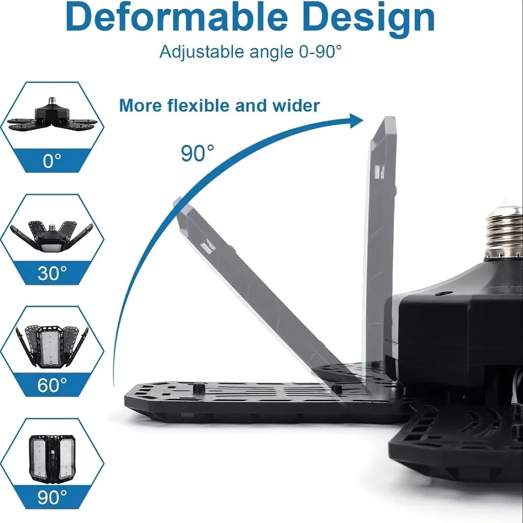 LED garage light with adjustable 0-90 degree panels and folding metal arms