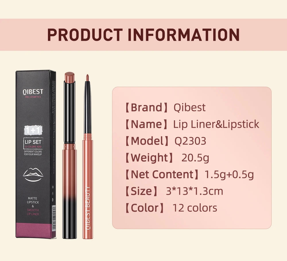 QIBEST 2pcs matte lipstick and velvet lip liner pencil set in a sleek dual-ended design for long-lasting lip makeup.
