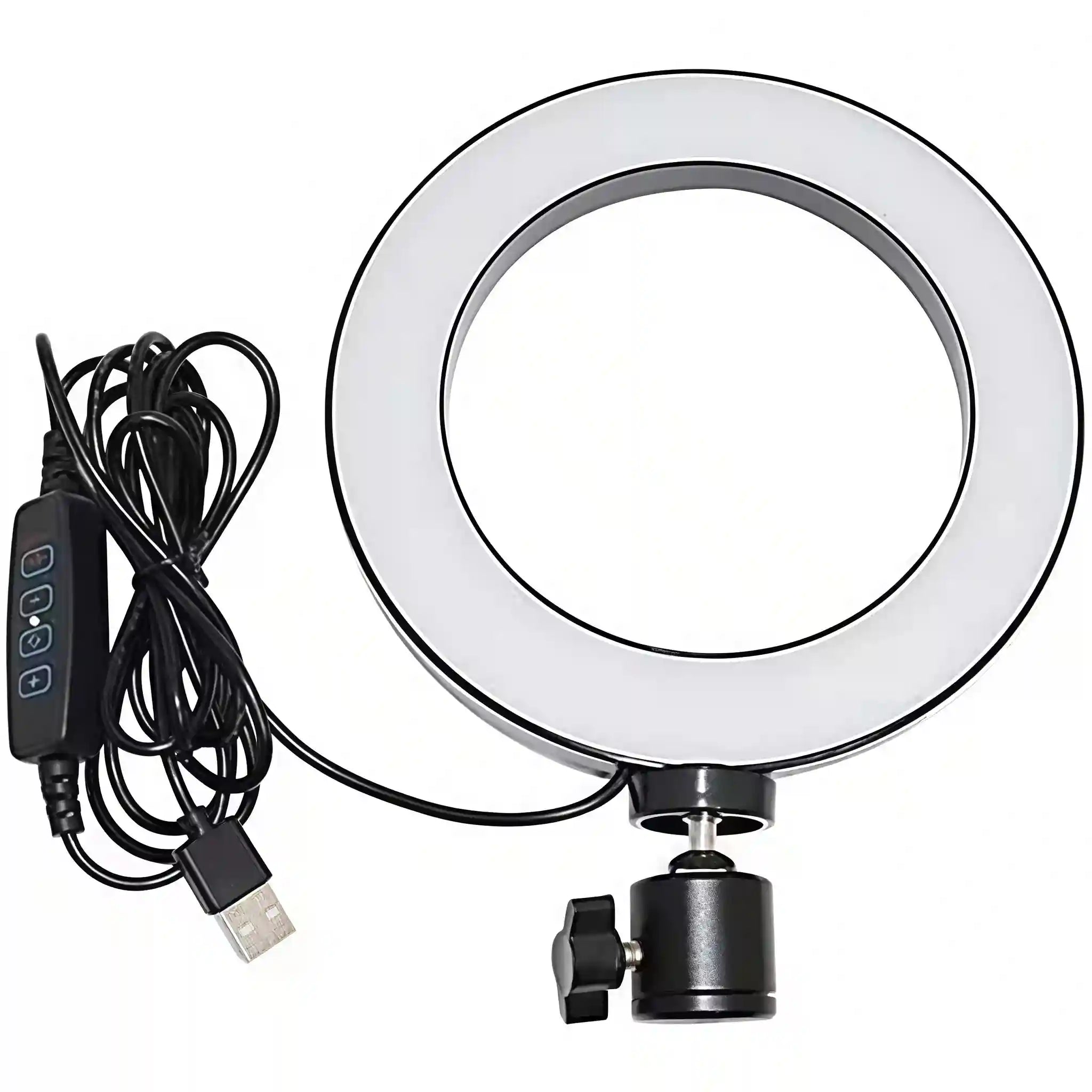 Circular LED ring light with a black adjustable ball head mount, USB power cable, and inline light control switch.