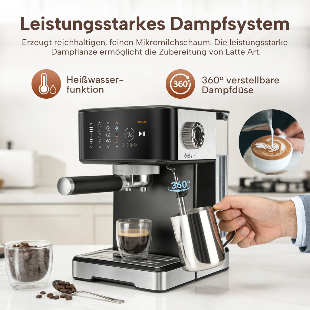 Kafelux espresso machine with black and silver finish, digital display, and 360-degree adjustable steam wand.