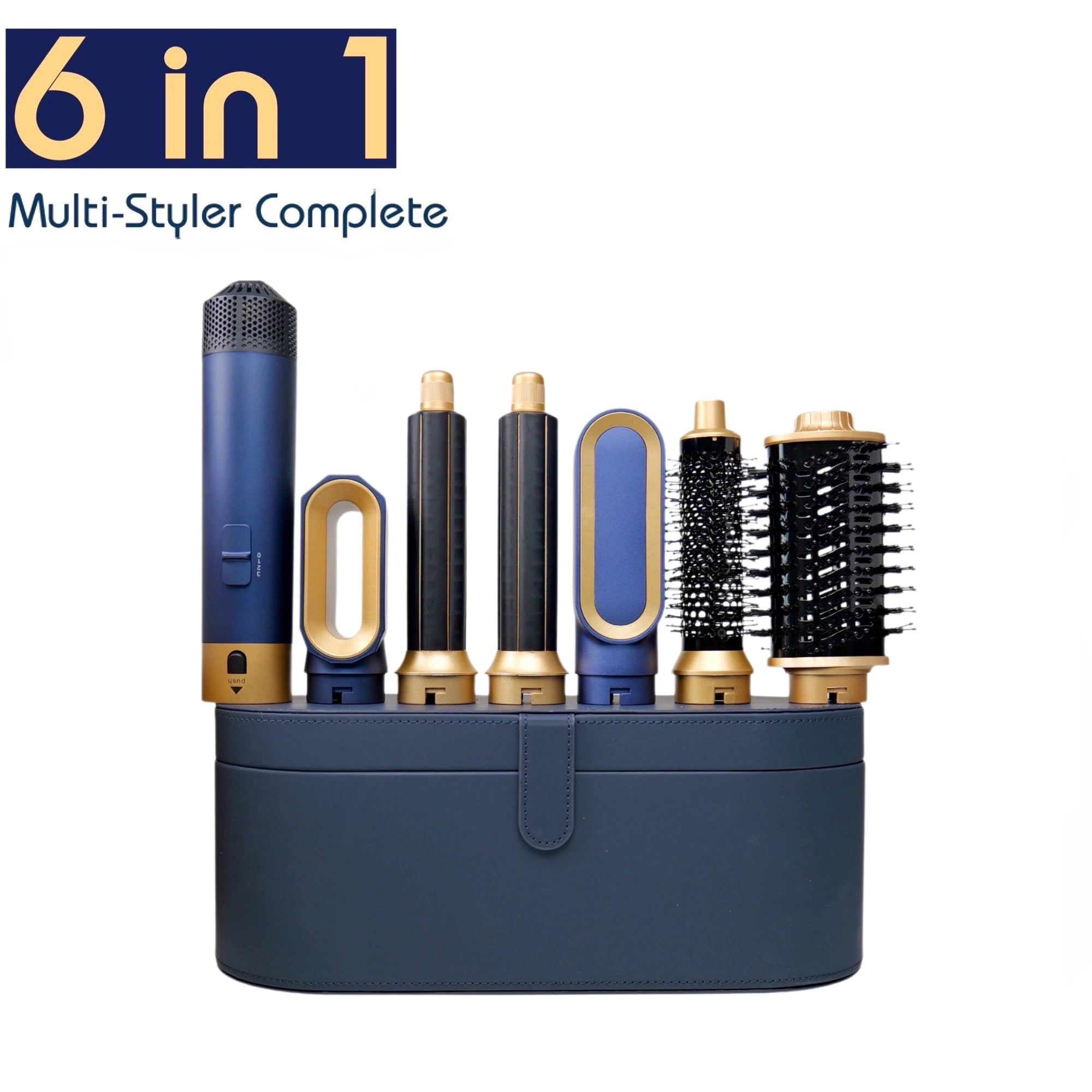 Blue and gold 6-in-1 hair styler set with curling barrels and hot air brushes in a matching storage case.