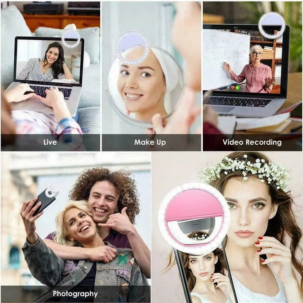 Small, round, clip-on LED ring light in pink and white for mobile phones, laptops, and tablets for lighting.