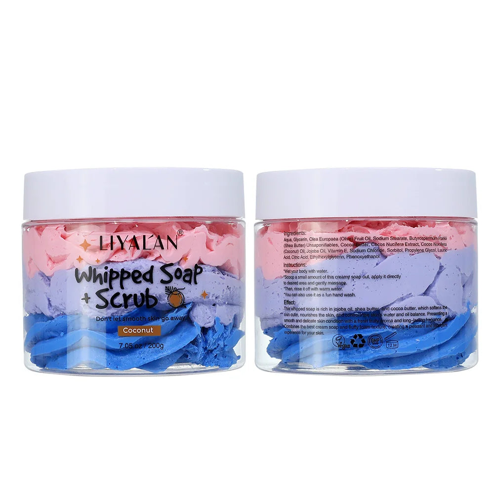 Two jars of coconut whipped soap and scrub with layers of pink, purple, and blue cream for body exfoliation.