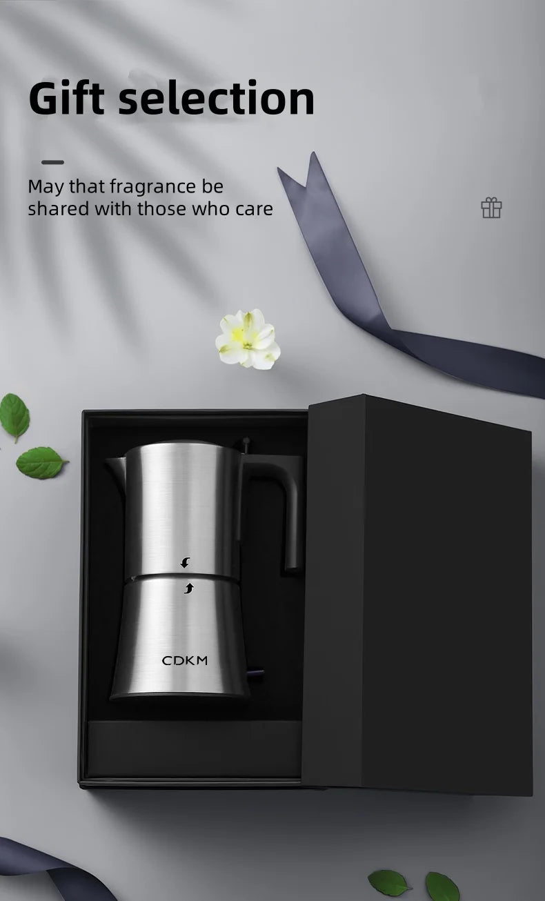 CDKM stainless steel stovetop moka pot coffee maker in a black gift box.