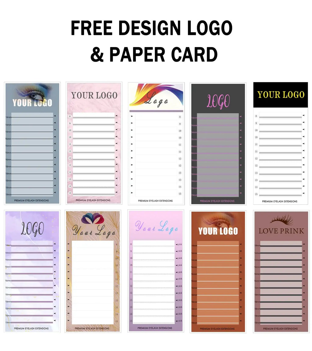 Ten varied, customizable eyelash extension lash tray insert cards with placeholders for logos and length markings.