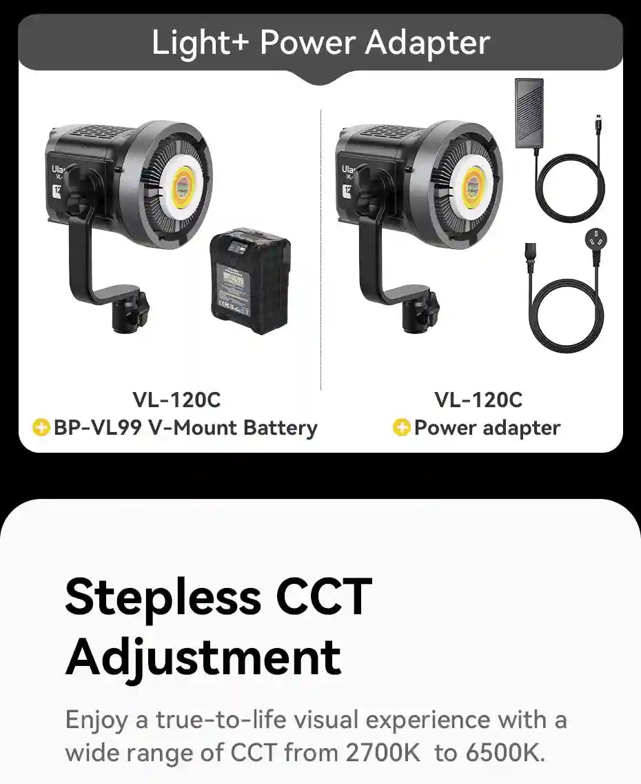 VL-120C LED video light with options for a black V-mount battery or power adapter for continuous lighting.