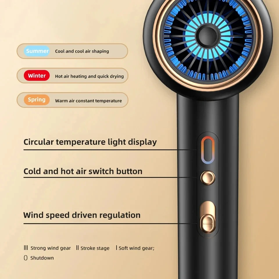 F33 high-speed hair dryer in black and gold with LED temp display, cold/hot air switch, and adjustable wind settings.