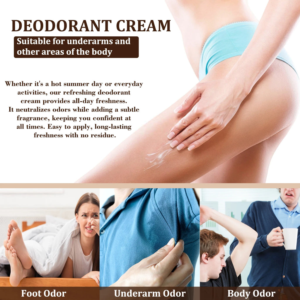White sandalwood deodorizing cream with smooth, non-greasy texture for underarm and body odor relief.