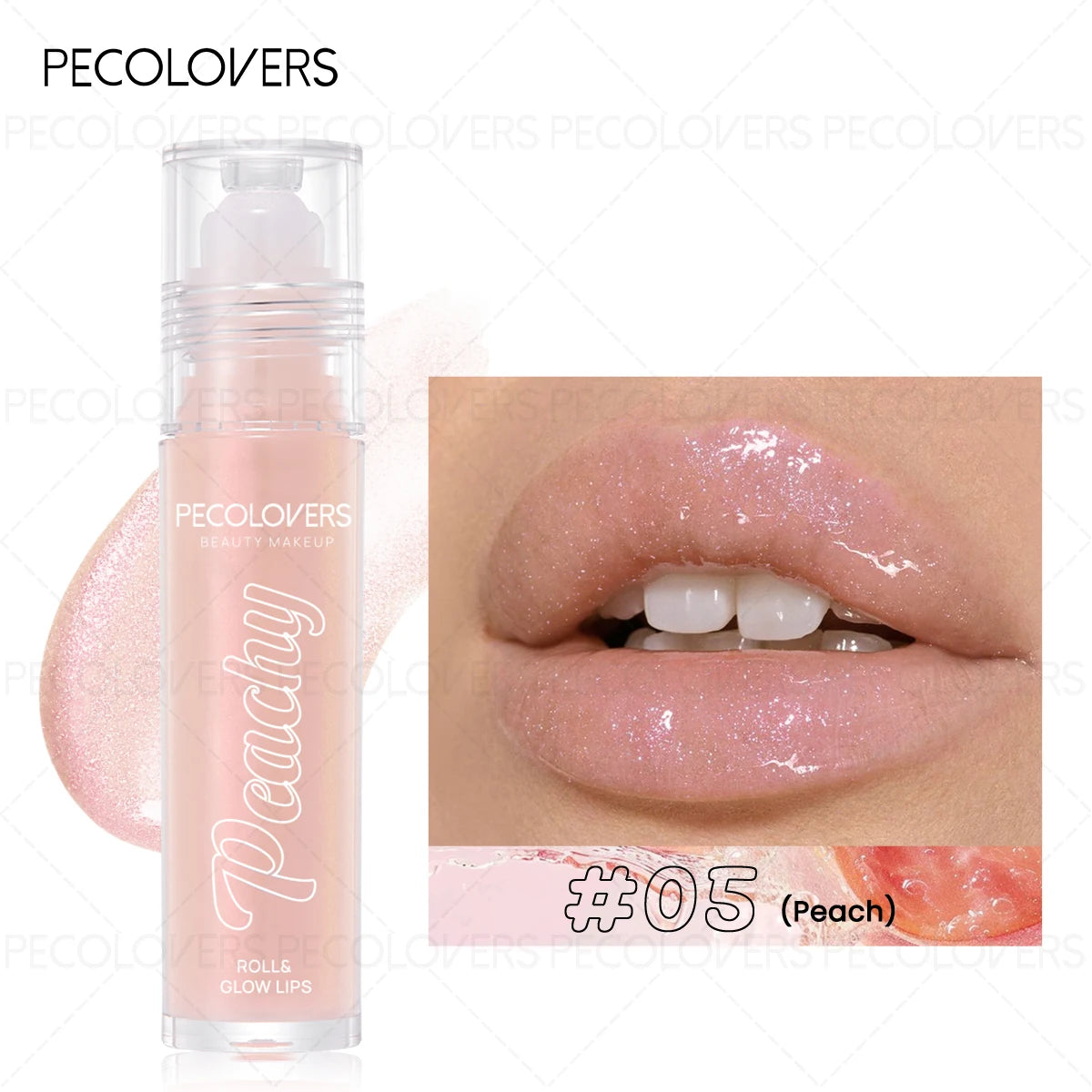 PECOLOVERS Peachy #05 moisturizing lip gloss, a sheer, natural, shimmery peach lip makeup for lasting, hydrated lips.