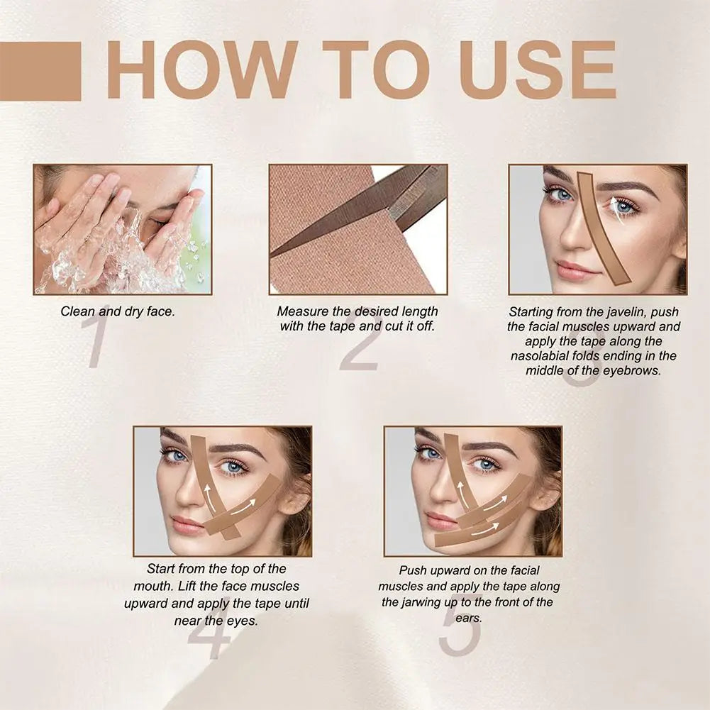 Instructional graphic showing five steps to apply beige kinesiology face-lifting tape for wrinkle reduction.