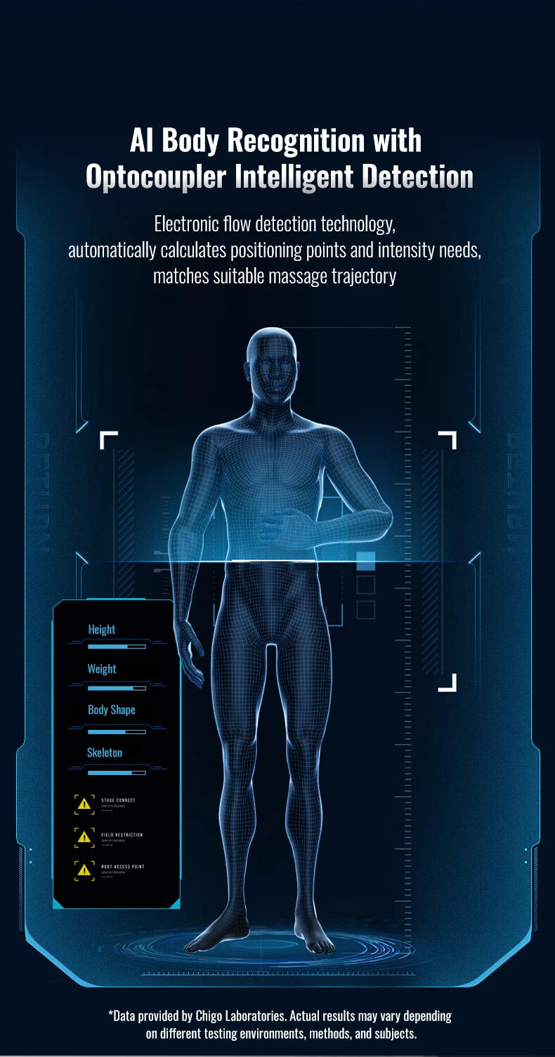 A digital blue wireframe human figure on a dark background illustrating AI body scanning for a massage chair.