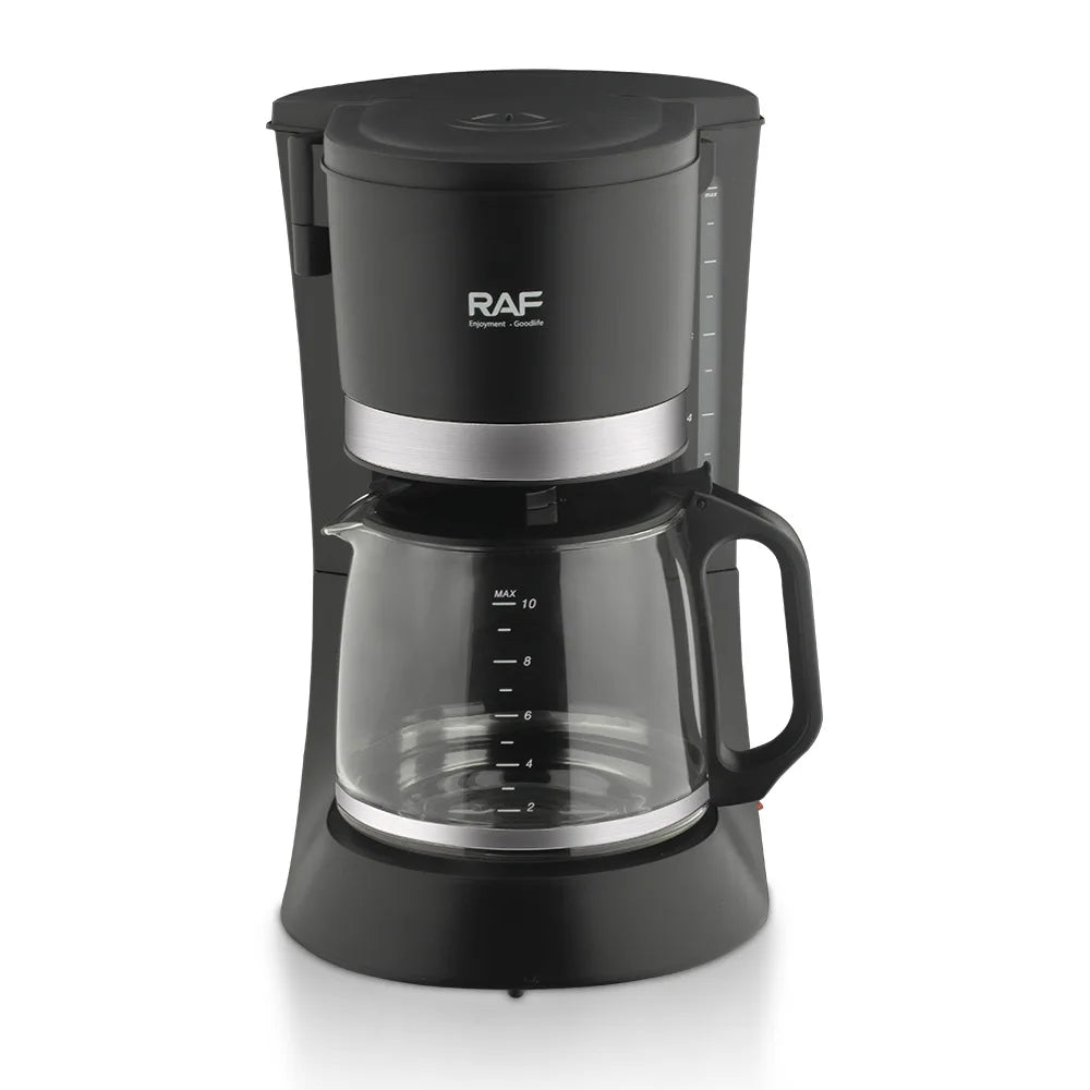 RAF black 10-cup drip coffee maker with glass carafe, featuring plastic construction and metallic accents.