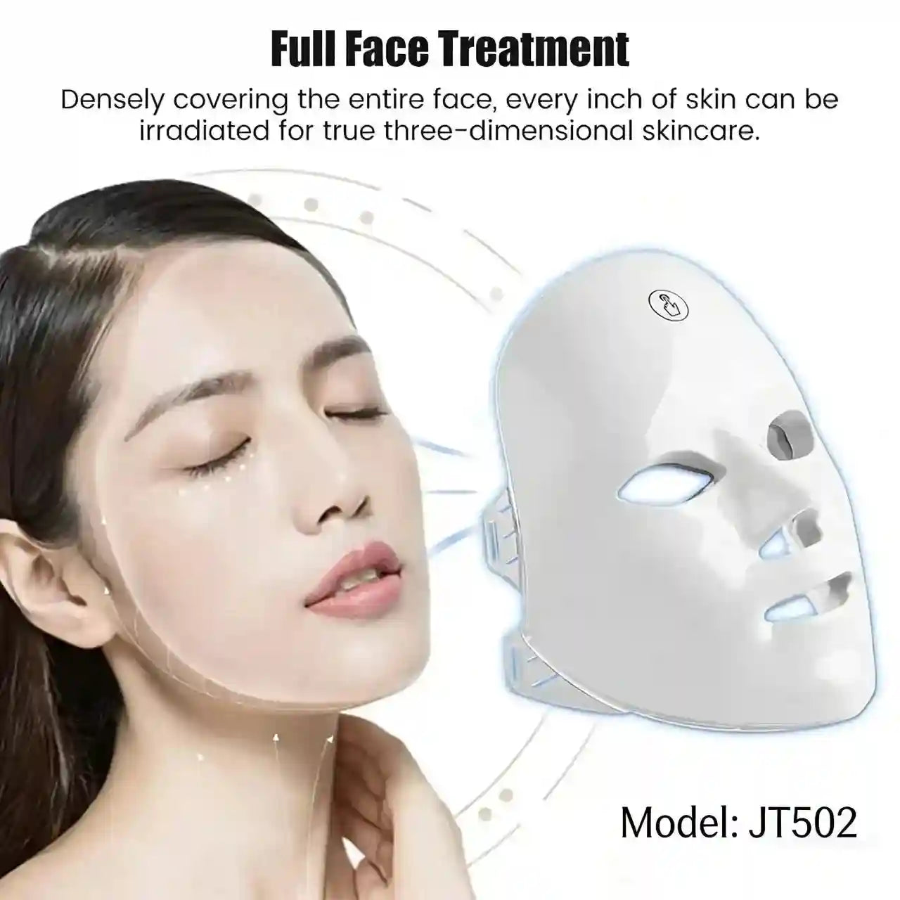 Woman wearing a sleek white, contoured LED light therapy mask for facial skincare.
