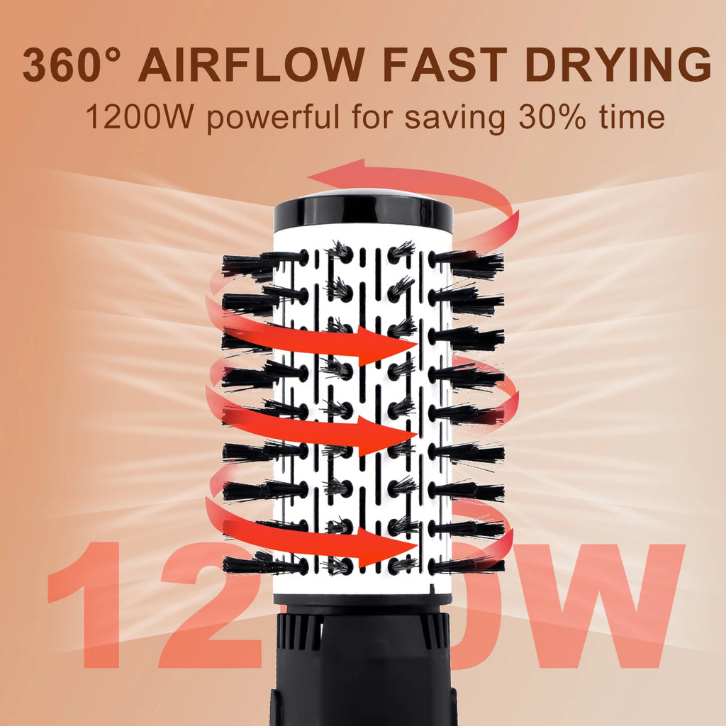 Hatteker 1200W hot air brush with 360-degree airflow for fast hair drying, straightening, and curling styling tool.
