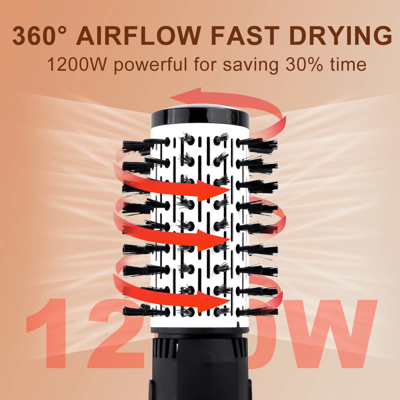 Hatteker 1200W hot air brush with 360° airflow, round hair dryer styling brush for fast drying and curling.