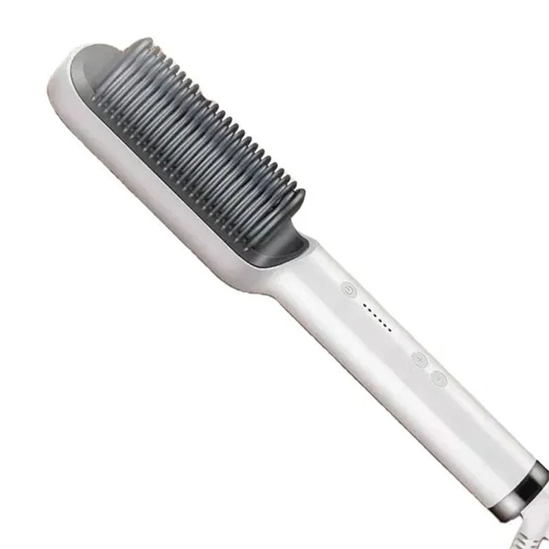 Portable white ceramic hair straightening brush with grey bristles and adjustable heat settings for professional styling.